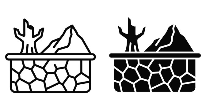 Drought icon set showing cracked earth dead tree and mountain representing climate change global warming environmental disaster and water scarcity issues