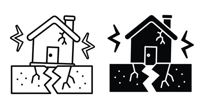 Earthquake icon set showing house damage with ground cracking and seismic activity symbols for natural disaster emergency preparedness and safety