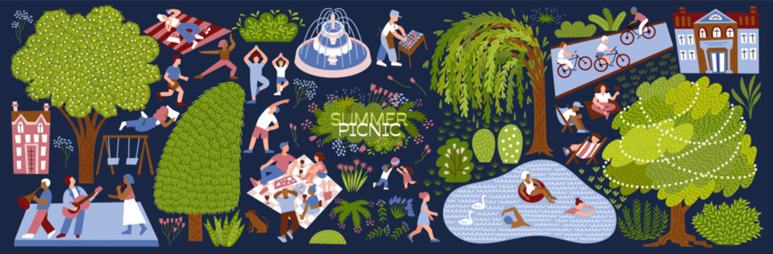 Summer picnic in the park. Vector illustrations of people relaxing, cycling, activities, swimming, playing outdoors, a tree, a lake, a fountain, musicians, a stage, lifestyle, a swing, and yoga exerci