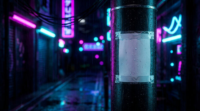 Blank Poster Mockup on Pole in Neon Cyberpunk Night Street
