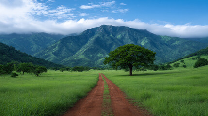 A dirt road leads through a lush green meadow toward majestic mountains under a bright blue sky with scattered clouds on a peaceful and serene day outdoors.
