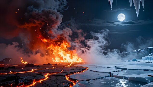 Epic Fire and Ice concept with spark 3d Illustration