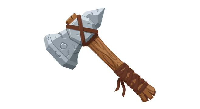 Ancient stone axe head with leather wrapped wooden handle on white background.