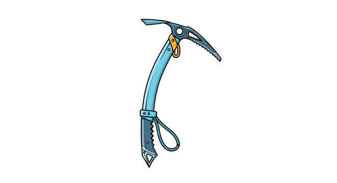 Professional blue ice axe tool used for mountaineering and ice climbing, isolated on a white background for sports equipment catalog.