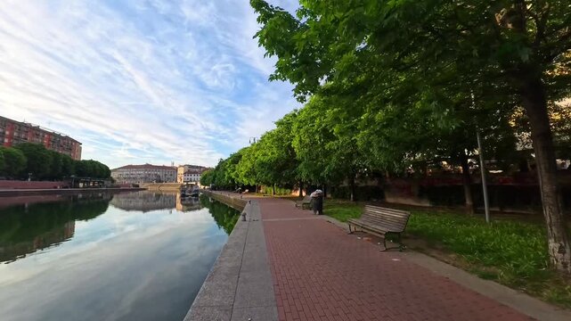 Morning Walk at Darsena Navigli, Milan, Italy - POV Video