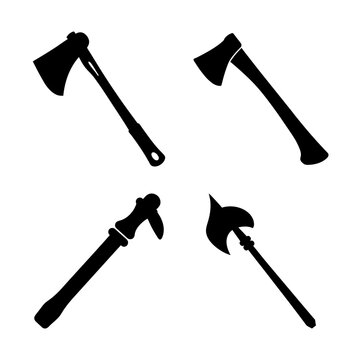 Four black axe icons pointing in different directions - Simple vector illustration of four black axes arranged diagonally in a cross pattern.