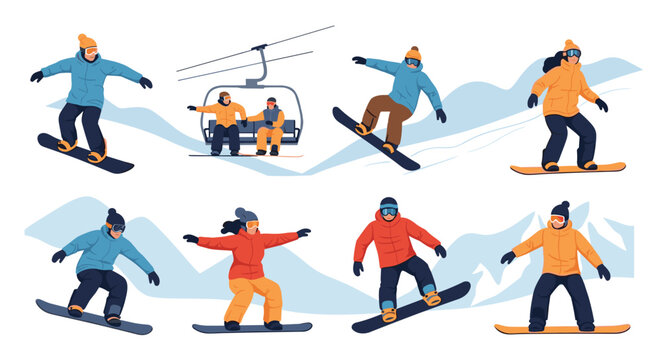 Diverse group of people enjoying snowboarding and winter sports activities on a snowy mountain slope with a ski lift and various action poses.