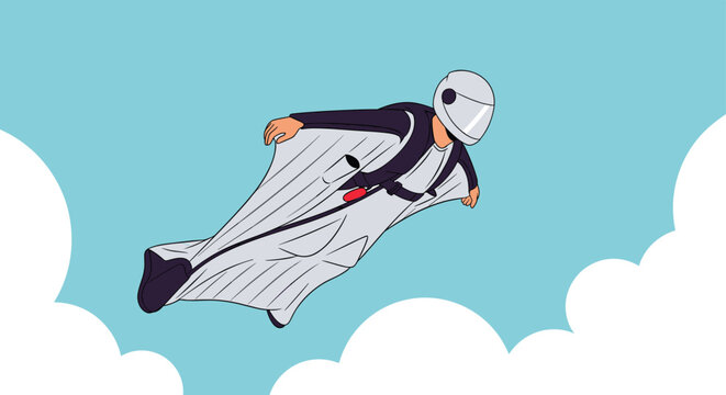 Extreme athlete wearing a wingsuit and a helmet soaring through a bright blue sky filled with white clouds to experience the thrill of flight.