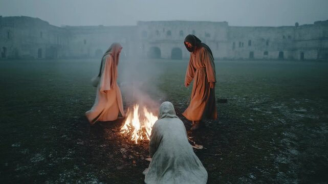 Cloaked figures gathering around fire in misty ancient fortress. Historical ritual scene with hooded people tending flames in foggy courtyard.