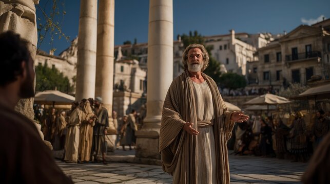 Paul proclaims truth in Corinth&rsquo;s crowded square, showing how faith speaks into restless lives, drawing people from passing pursuits toward lasting purpose in the living God
