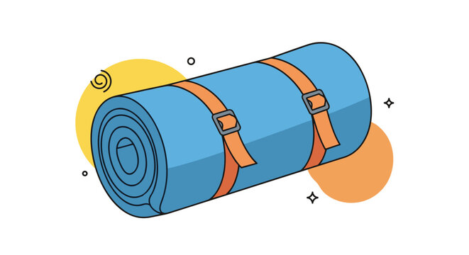 Blue rolled up camping sleeping mat secured with orange straps for outdoor hiking and travel adventures.