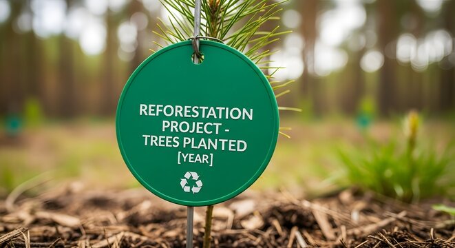 Green reforestation project tag on a young pine sapling in a forest nursery concept of environmental restoration climate change mitigation and sustainable tree planting initiative