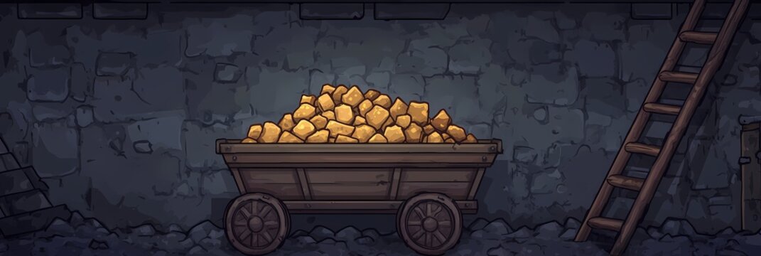 Mine cart filled with gold nuggets in pixel art style. Game background or location concept for mining and fantasy adventure game. Banner with copy space