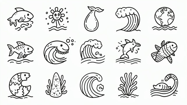 Fish sea creatures ocean icons set.