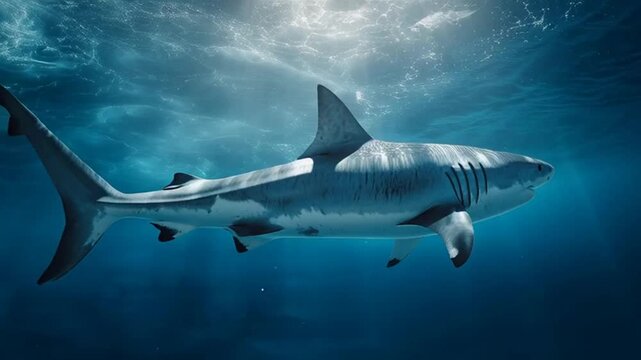 A great white shark swims through the deep blue Caribbean ocean water near a coral reef as the dangerous marine predator reveals its sharp teeth while diving in the tropical sea