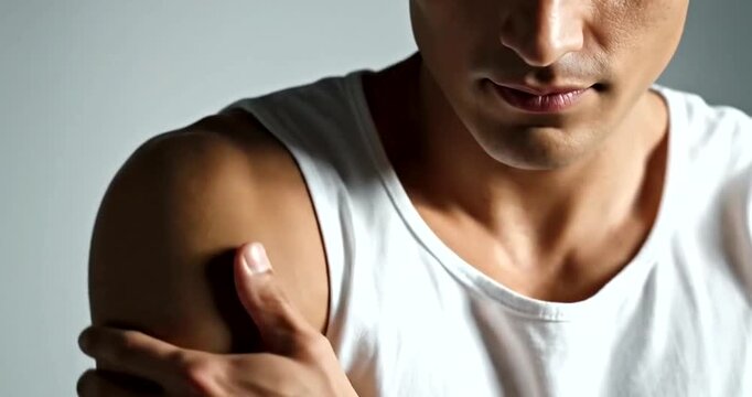 Man in white tank top touching sore elbow with concerned expression, pain or injury concept