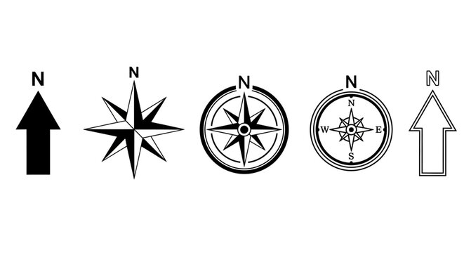 Diverse collection of directional compass rose and arrow icons pointing North, essential navigation symbols for maps and graphic design projects