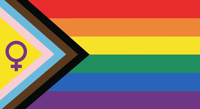 Progress Pride Flag with Intersex Inclusion and Female Venus Symbol, LGBTQ+ Rainbow Flag Vector, Inclusive Queer Community Identity Banner