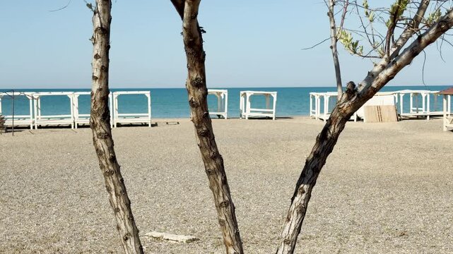 Slender tree trunks frame a row of empty white cabanas standing on a quiet pebble beach. The calm blue sea beyond creates a peaceful, serene feeling of solitude and quiet relaxation.