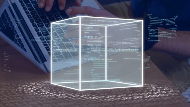 Hands typing causing wireframe cube over laptop, code streaming, rotating, visualizing build