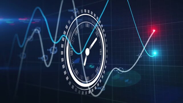 HUD ring forming starting center clock emerging, waveforms pulsing and nodes moving showing time