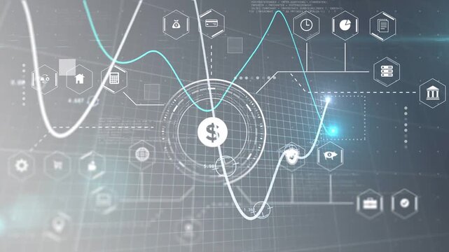 Teal node reaching peak, dollar HUD pulsing and links moving to icons to show data flow
