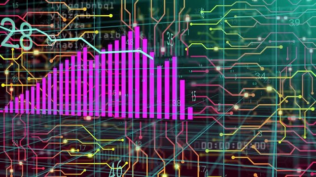 Data feed starting, magenta bars rising while turquoise line tracing nodes, showing live analytics