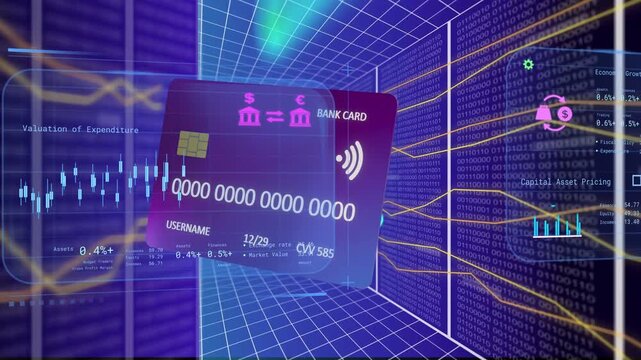 Purple card entering grid tunnel, causing HUD sliding and rotating, revealing cloud fintech stats