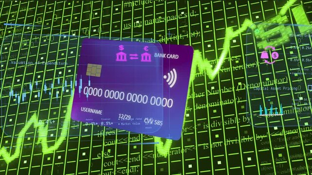 On start purple bank card rotating, flipping and shifting while HUD panels showing market waveform