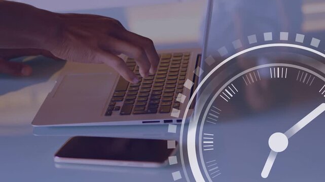Worker hands starting typing on laptop for work, clock overlay rotating tracking time, phone still