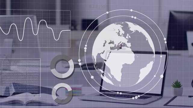 Laptop projecting globe, globe forming rings and expanding while HUD charts settling for analytics