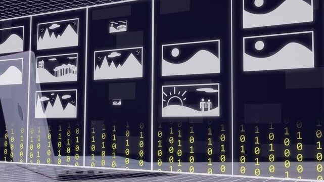 Panel wall shifting as falling binary digits forming framed thumbnails, laptop showing gallery