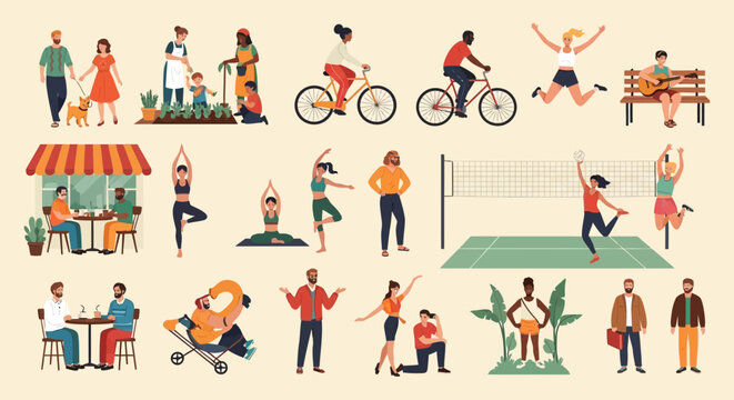 Flat vector people collection, diverse characters performing outdoor activities and hobbies, set of human figures in various lifestyle poses