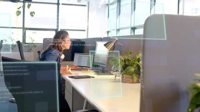 Female developer typing in tech, debugging code with overlays on monitors, rubbing forehead