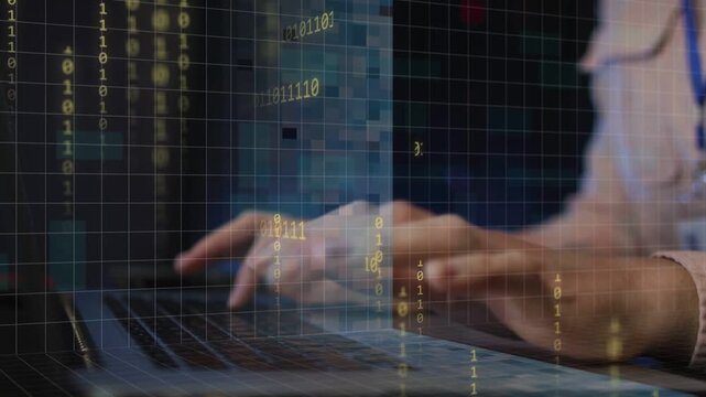 Woman typing laptop analyzing data, causing tech grid rising, overlay steady as typing slowing