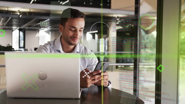 Man reaching for phone, checking business messages and scrolling while green code overlaying screen