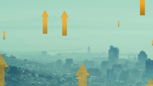 After skyline reveal golden arrows appearing, descending, settling and showing growth over city