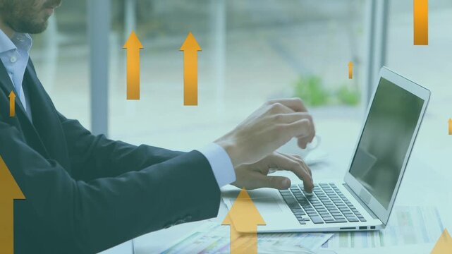 Man typing laptop with charts, causing orange arrows showing business growth while resting head