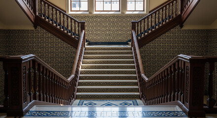 Obraz premium Symmetrical ornate wooden staircase with patterned tiled walls, leading upwards into architectural light, evoking vintage grandeur and classic design.