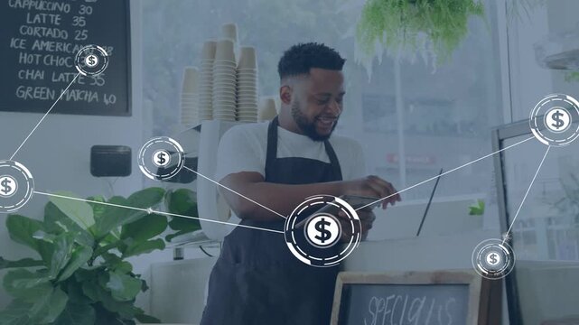 Barista tapping tablet and typing POS, initiating expanding dollar-sign network showing cafe sales