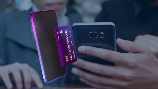 Man aligning phone and tapping, holographic card moving, settling over phone, adding card to wallet