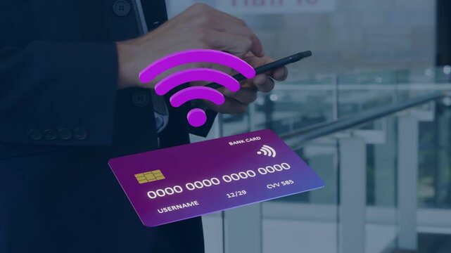 Man tapping smartphone, activating holographic card and pulsing Wi?Fi icon for finance payment