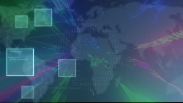 Data overlay appearing, squares emerging and ribbons sweeping across world map, showing data flow