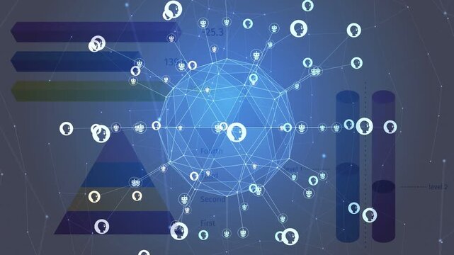 Pulsing 3D wireframe hub rotating and sending links, brightening user nodes, visualizing network