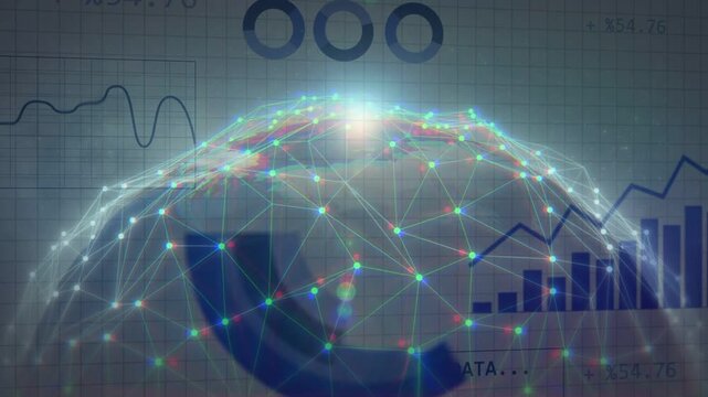 Three circular icons appearing above glowing mesh dome, collecting data, charts rising for analysis