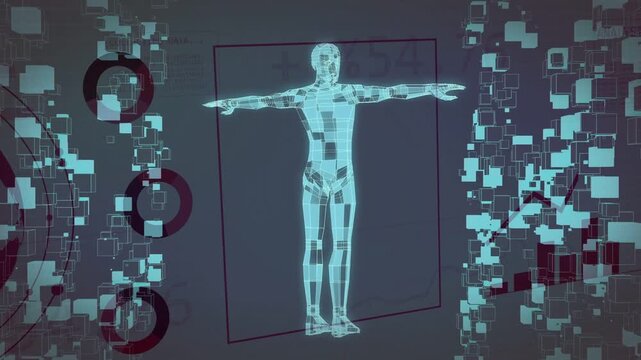 Holographic humanoid integrating after globe emerging, rotating and aligning for analytics