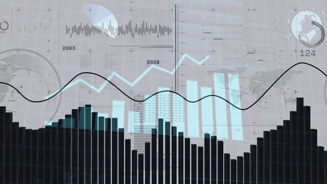 Header text appearing, dashboard animating with bars rising and falling, trend line tracing metrics