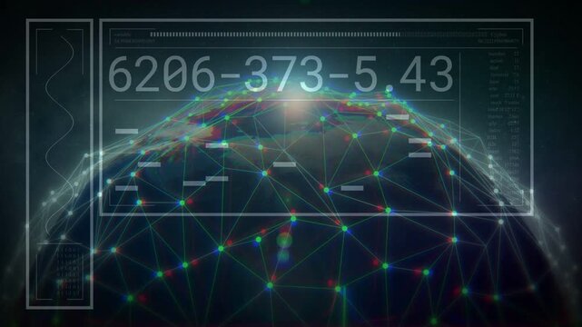 Number readout appearing, globe pulsing nodes and HUD changing numbers, displaying network data