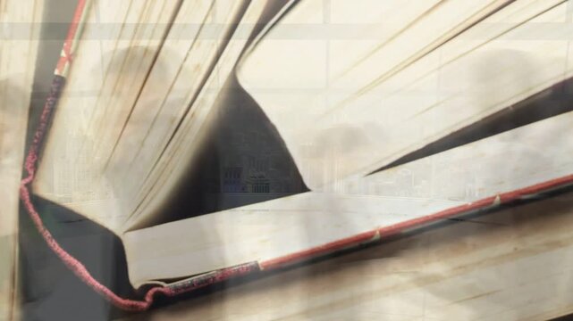 Camera panning, stack shifting revealing fanned pages, red bookmark sliding into gutter, publishing