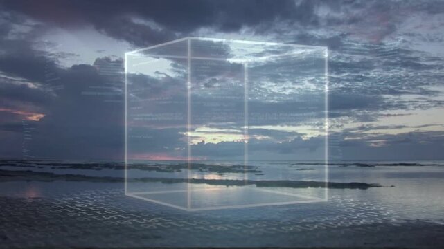 Sunrise glow starting wireframe cube fading rotating pulsing then settling reflecting sky hue shift